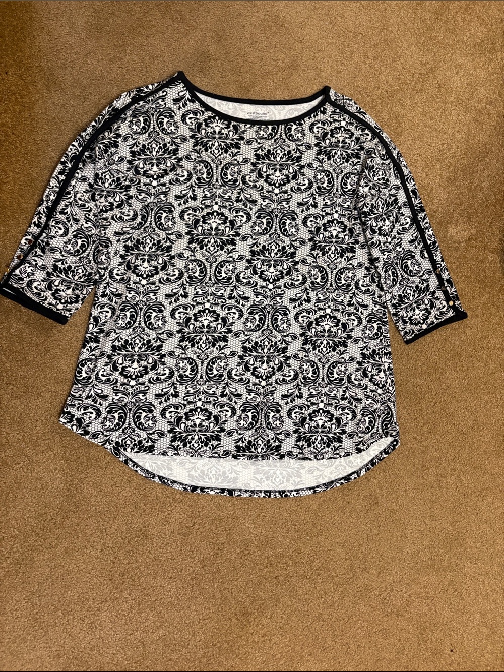 Westbound Black & White Damask Scoop Neck Long Sleeve Tee